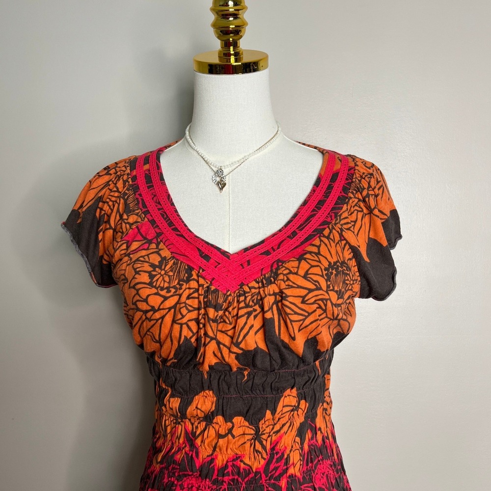 DKNY Jeans Womens Floral Smocked Babydoll Top Orange Pink V-Neck Blouse Size M - Picture 3 of 7